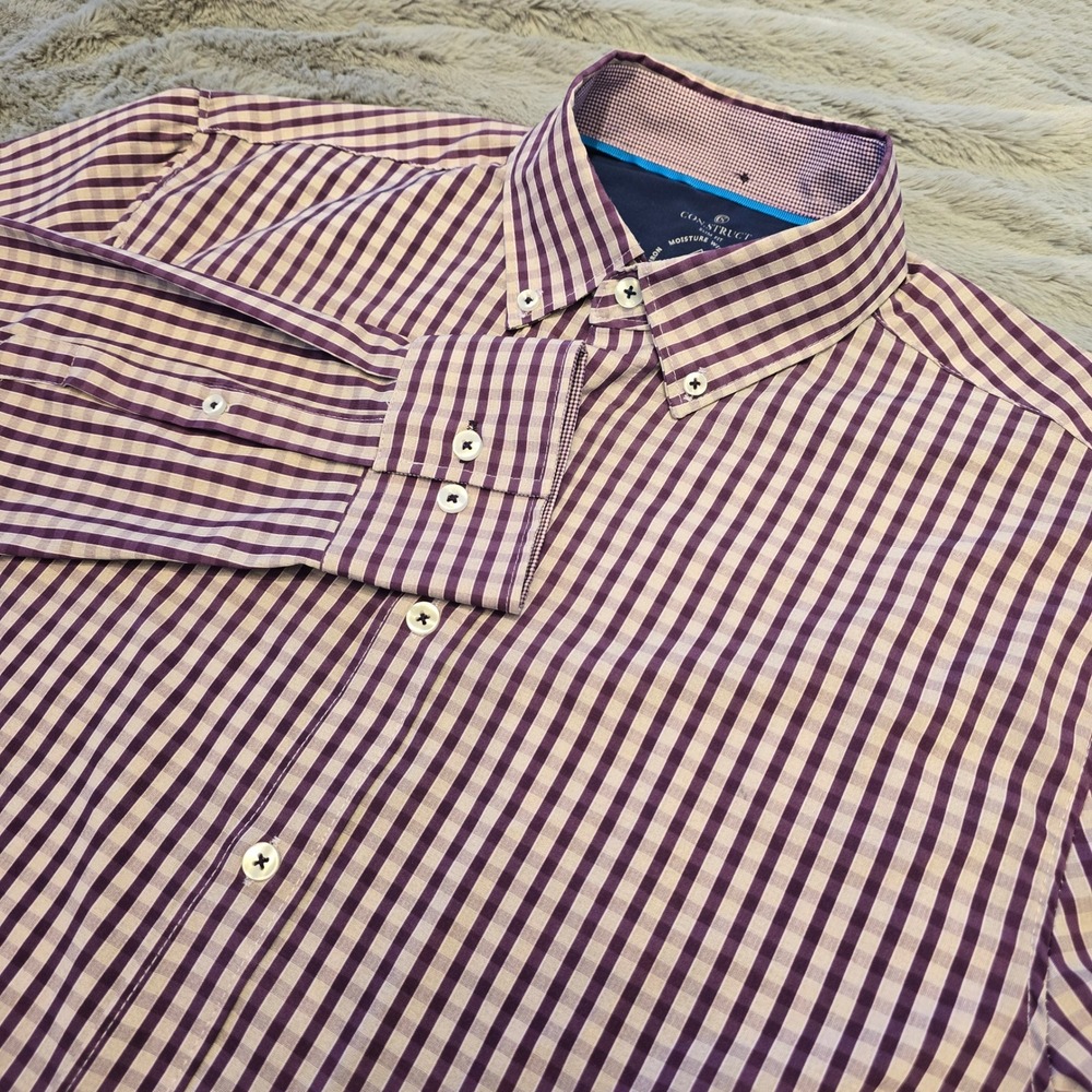 CONSTRUCT Mens Slim Fit Gingham Dress Shirt‎ Purple White Stretch Medium M